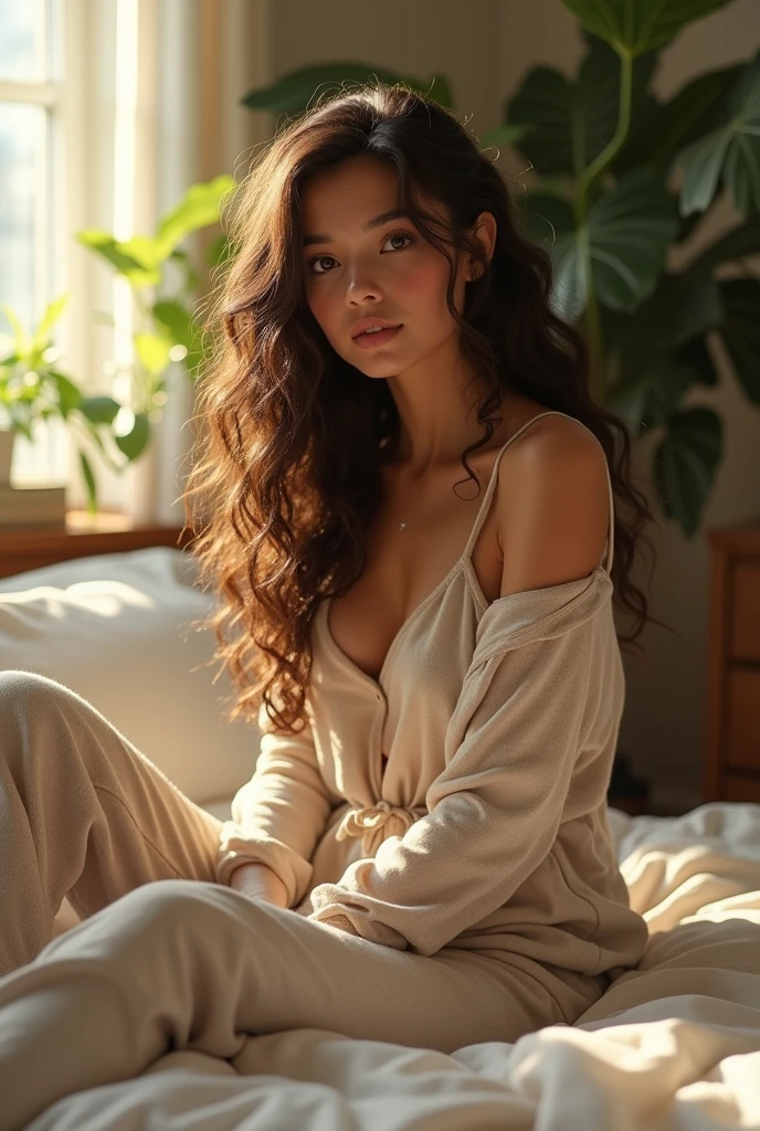 (photorealism:1.2), beautiful woman, sitting on bed, wearing loose off-shoulder top, pajama pants, long curly hair, indoors, soft lighting, plants in background, window with sunlight, cozy room, relaxed pose, realistic, intricate details, warm colors, by Greg Rutkowski, by Alphonse Mucha