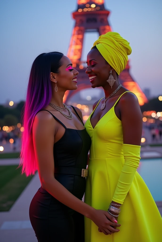 Description: A 2 American girl and her brown-skinned girlfriend are captured in a romantic and vibrant photo shoot in front of the Eiffel Tower in Paris. Both are styled in chic, matching outfits with a modern, glamorous flair. The American girl is dressed in a sleek black jumpsuit with neon pink and purple accents, paired with high-heeled black boots and silver jewelry. Her hair is long and sleek, with neon pink highlights. Her makeup is bold, featuring neon pink eyeliner and deep red lipstick. Her girlfriend is dressed in a stunning neon yellow dress with a matching headwrap, complemented by elegant heels and gold jewelry. The scene captures them sharing a laugh, enjoying the view, and exuding a confident and stylish energy. The Eiffel Tower serves as a stunning backdrop, illuminated with soft, romantic lighting. Black jumpsuit with neon pink and purple accents, high-heeled black boots, silver jewelry, long sleek hair with neon pink highlights, bold neon pink eyeliner, deep red lipstick, neon yellow dress, matching headwrap, elegant heels, gold jewelry, Eiffel Tower, evening glowhyper-realistic, super detailed, trending on Flickr, soft focus, Camera Parameters: 50mm, f2.8, 85mm, f1.8, 35mm, f1.4, 105mm, f2.8, 24mm, f1.8, 135mm, f2.8, 50mm, f8, 70mm, f2, Famous Photographers: Annie Leibovitz, Richard Avedon, Diane Arbus, Steve McCurry, Annie Griffiths, Nick Knight, Helmut Newton, Martin Schoeller, Irving Penn, Yousuf Karsh, Peter Lindbergh, Mario Testino, Ellen von Unwerth, Annie Sprinkle, Platon, Robert Mapplethorpe, 
