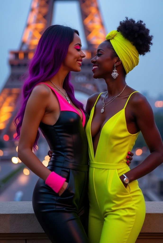 Description: A 2 American girl and her brown-skinned girlfriend are captured in a romantic and vibrant photo shoot in front of the Eiffel Tower in Paris. Both are styled in chic, matching outfits with a modern, glamorous flair. The American girl is dressed in a sleek black jumpsuit with neon pink and purple accents, paired with high-heeled black boots and silver jewelry. Her hair is long and sleek, with neon pink highlights. Her makeup is bold, featuring neon pink eyeliner and deep red lipstick. Her girlfriend is dressed in a stunning neon yellow dress with a matching headwrap, complemented by elegant heels and gold jewelry. The scene captures them sharing a laugh, enjoying the view, and exuding a confident and stylish energy. The Eiffel Tower serves as a stunning backdrop, illuminated with soft, romantic lighting. Black jumpsuit with neon pink and purple accents, high-heeled black boots, silver jewelry, long sleek hair with neon pink highlights, bold neon pink eyeliner, deep red lipstick, neon yellow dress, matching headwrap, elegant heels, gold jewelry, Eiffel Tower, evening glowhyper-realistic, super detailed, trending on Flickr, soft focus, Camera Parameters: 50mm, f2.8, 85mm, f1.8, 35mm, f1.4, 105mm, f2.8, 24mm, f1.8, 135mm, f2.8, 50mm, f8, 70mm, f2, Famous Photographers: Annie Leibovitz, Richard Avedon, Diane Arbus, Steve McCurry, Annie Griffiths, Nick Knight, Helmut Newton, Martin Schoeller, Irving Penn, Yousuf Karsh, Peter Lindbergh, Mario Testino, Ellen von Unwerth, Annie Sprinkle, Platon, Robert Mapplethorpe,