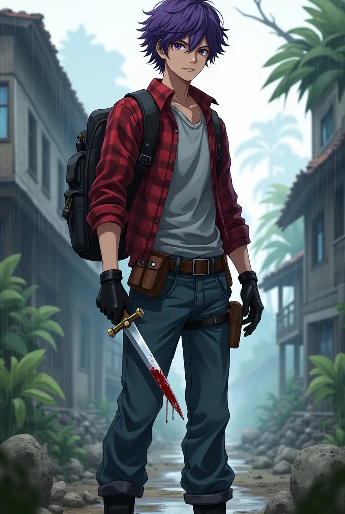 Anime guy 2, purple eyes and purple curly hair, wears black boots, loose jeans, leather gloves, red checkered shirt, gray sweatshirt that is unbuttoned, there is a black backpack hanging on his back, in his right hand is a knife with a blade covered in blood from killing zombies, He has a leather holster hanging on his right hip, ruined tropical village in the background, light fog, rain, additional leather pouches hang on the left side of the belt