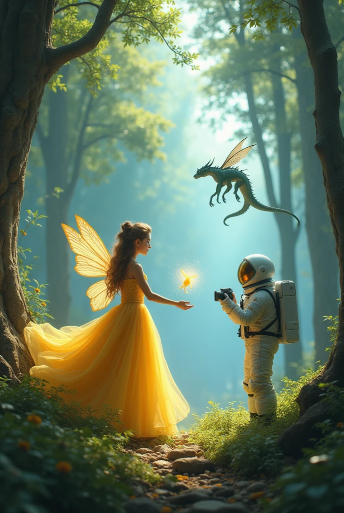 forest and a princess a fairy with a yellow dress and space in the background an astronaut and a youtuber boy and a dragon
