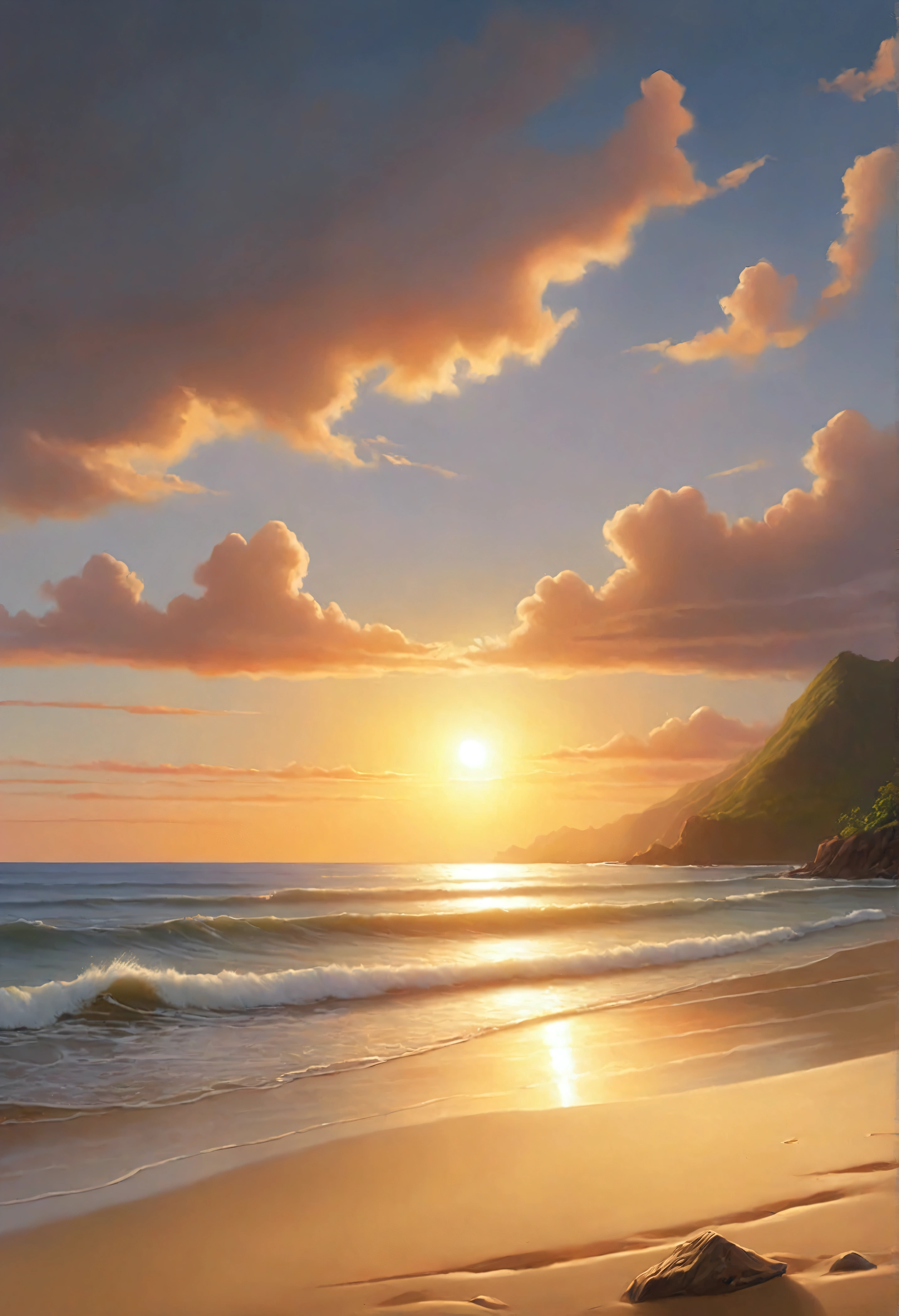 Make the image as close as possible to the photograph、A person standing on a beach at sunset in Hawaii々A realistic painting of、16:The 9 aspect ratio expresses the beautiful scene of the sun setting into the sea.。The realism of the sound of the waves and the feel of the sea breeze is conveyed.、People on the sandy beach々is enjoying a walk。The sea glows orange in the setting sun、It creates a fantastic atmosphere。