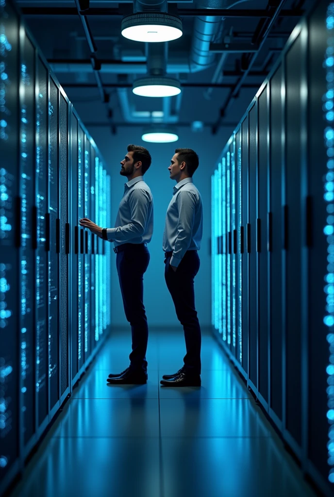 Company provide cloud services. Two person one male and female working on computer. Image shoukd describe office sercer room environment cloud service provider