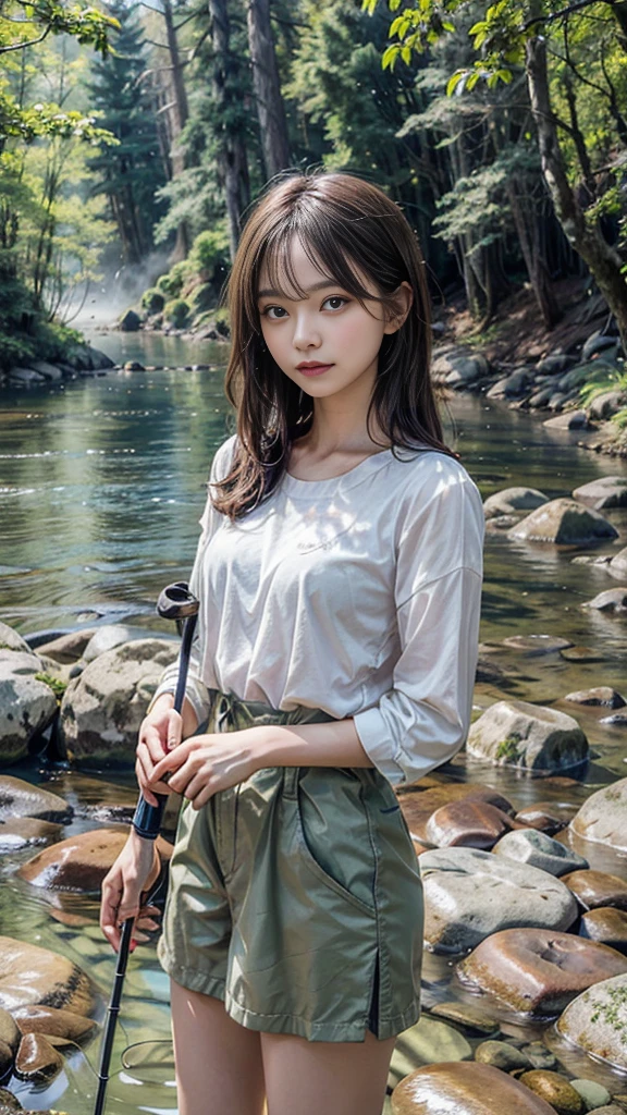 "Create a hyper-realistic digital painting of a young woman fly fishing in a misty mountain stream at dawn. Focus on the interplay of light as the first rays of sunlight filter through the mist and trees, reflecting off the water's surface. Capture the concentration in her eyes and the tension in her posture as she casts her line. Pay attention to the details of her fishing gear, the texture of her weather-worn clothing, and the subtle movements of the water around her waders. Include elements of the surrounding nature, such as moss-covered rocks, overhanging branches, and perhaps a curious wildlife observer in the background. The overall atmosphere should convey a sense of solitude, connection with nature, and the anticipation of the perfect catch."
A clear depiction of the fishing rod。
