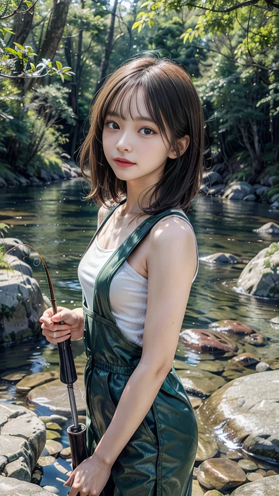 "Create a hyper-realistic digital painting of a young woman fly fishing in a misty mountain stream at dawn. Focus on the interplay of light as the first rays of sunlight filter through the mist and trees, reflecting off the water's surface. Capture the concentration in her eyes and the tension in her posture as she casts her line. Pay attention to the details of her fishing gear, the texture of her weather-worn clothing, and the subtle movements of the water around her waders. Include elements of the surrounding nature, such as moss-covered rocks, overhanging branches, and perhaps a curious wildlife observer in the background. The overall atmosphere should convey a sense of solitude, connection with nature, and the anticipation of the perfect catch."
A clear depiction of the fishing rod。