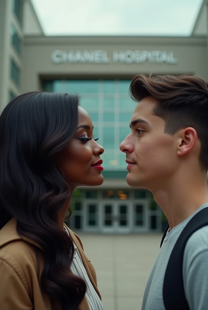 A long-haired black woman and a college boy bump into each other in front of a hospital. A close-up of their faces.