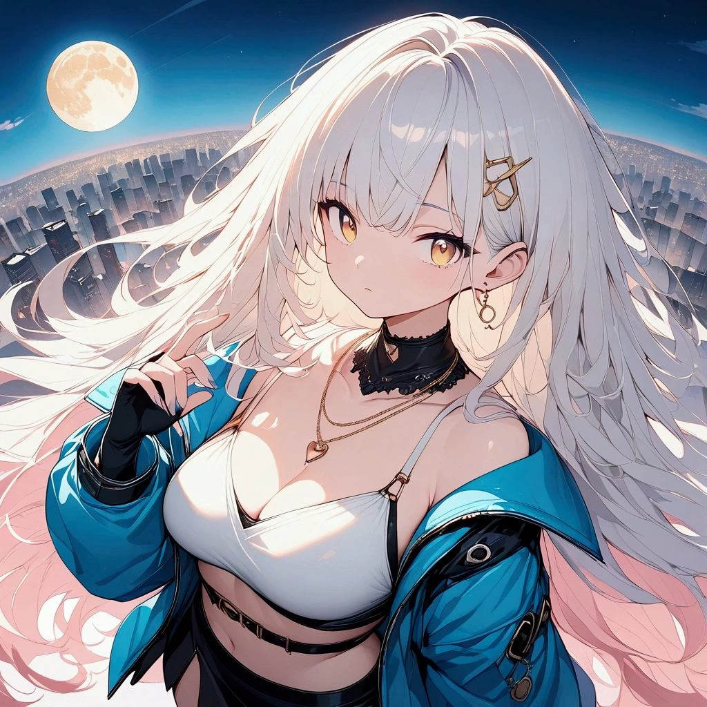 (((anime))) One Woman,Holding a Japanese sword,With both hands,samurai,Long Hair,Fluffy long hair,(White Hair),Oblique bangs,One eye is hidden,necklace,Yellow Eyes,Big Eyes Cyber Suit,Drop shoulder,mini skirt,Blue Boots,Modern city,Neon color,moon,masterpiece,Highest quality,Exquisite,8k,Absurd,Ultra-fine illustrations,(View your audience)