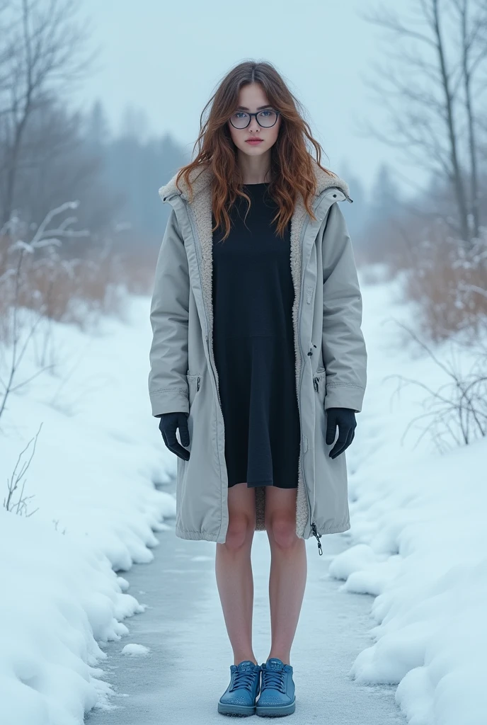 female, 28 years old, redhead, dark pants, white coat, sit on a bench, in a parc, lake, snow