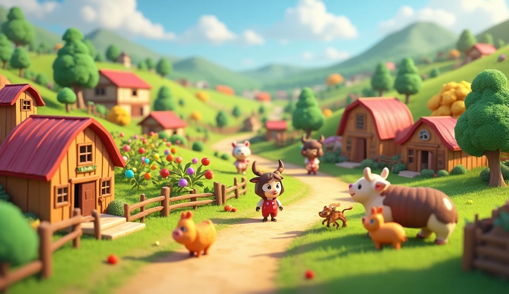 a beautiful farm, cartoon, 3d