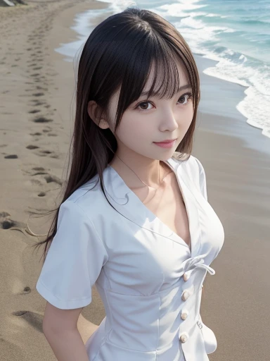 Japanese female, (underweight), (medium bust best quality:1.5), 30 years old, (cheerful grin:1.0), NSFW, beach, walking, long hair, (beach), full body shot, (long shot), ground-level shot, (at midnight:1.3)
