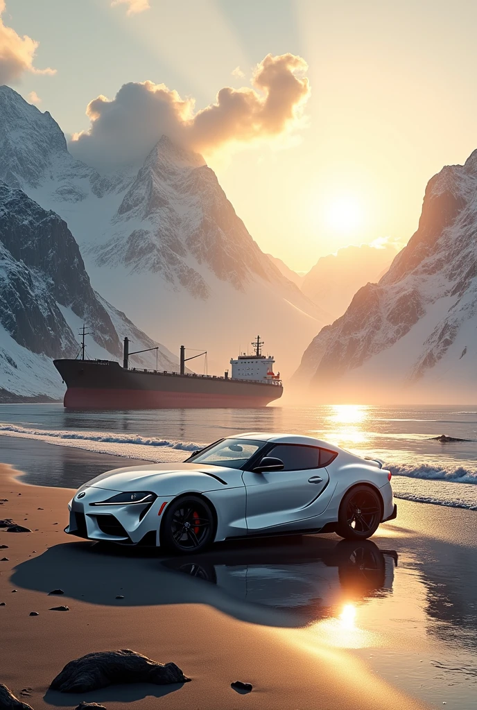 A white supra at beach and sunrises and big snow mountain background and big ship in water