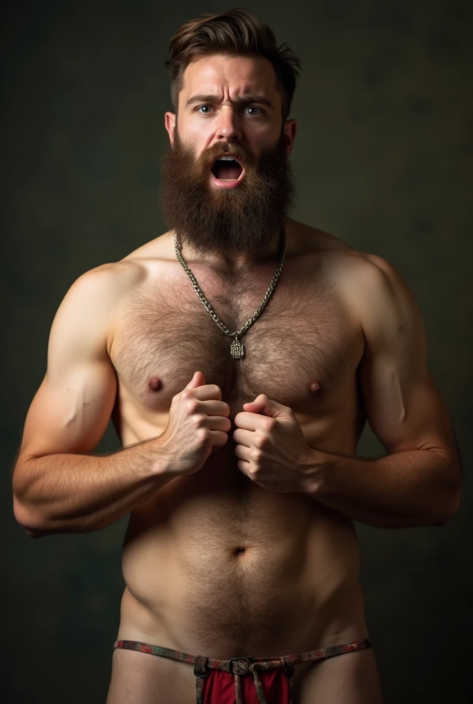 a bearded man disguised as a naked woman with huge breasts and hairy pussy. He is shocked
