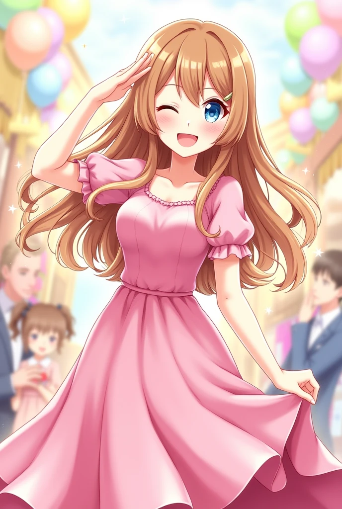 Idol Party game, smile,light brown hair,blue eyes,universary, one girl,pink dress, salute hand,long hair,blink one eye