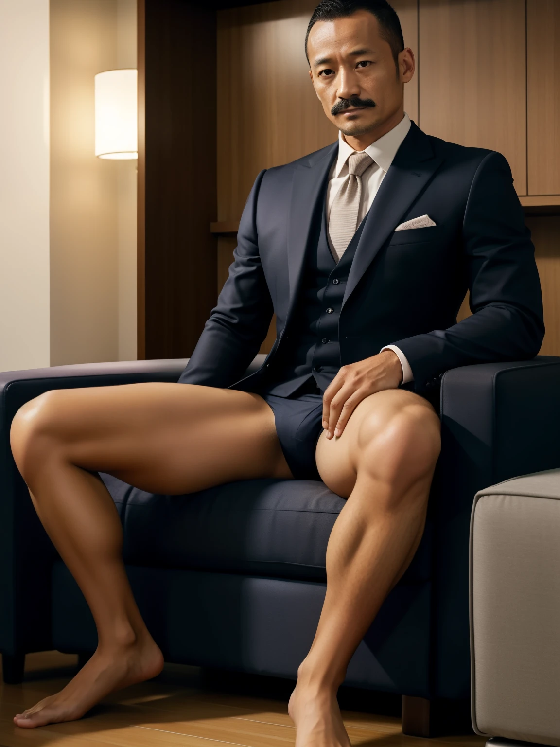 40 years old,Hidetoshi Nakata,(Kogoro Mori 1.3),whole body,Lean,muscle,office,black,foot,Suit,foot抬起,sofa,Baldhead ,transparent,Thick body hair,underwear,Topless,Densely hairy,Fortitude,HD,With a mustache