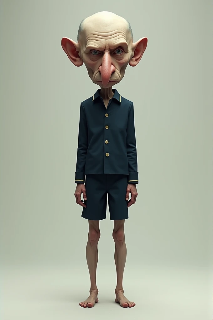 Create a big headed human, narigudo, very skinny, and ugly, He is wearing the Fenix School uniform, a dark blue uniform 