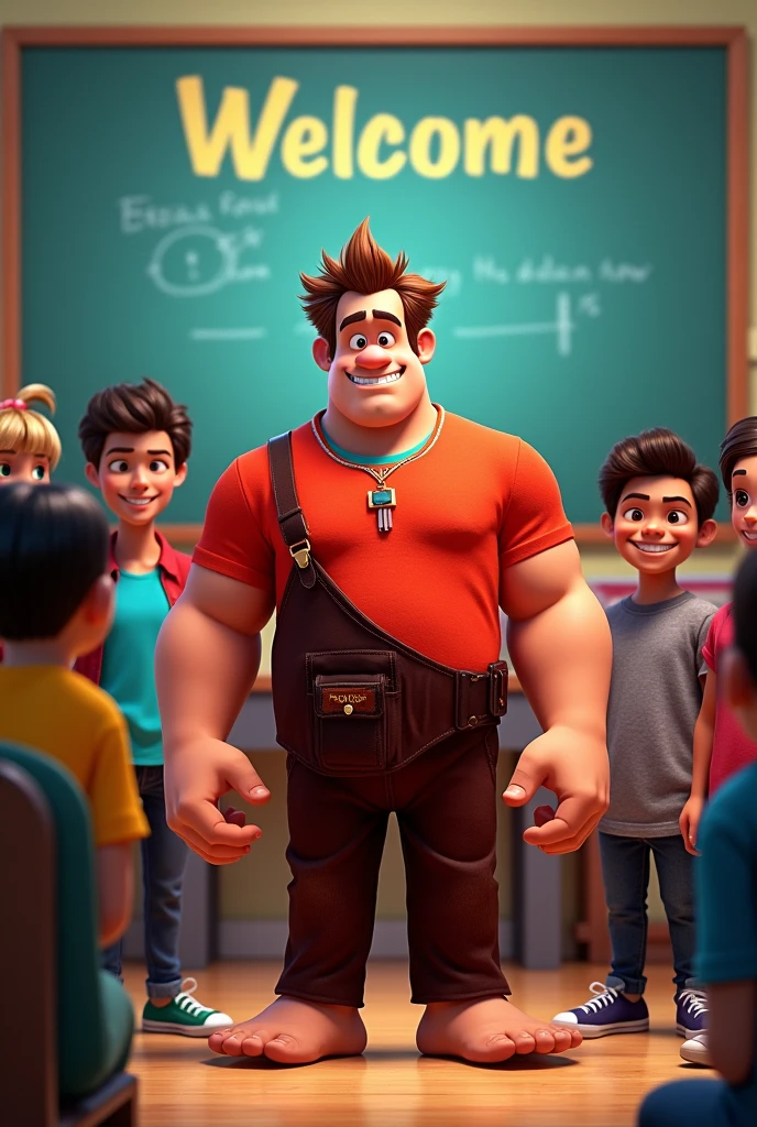 Create a Wreck-It Ralph movie cover as a teacher with his students behind him in a classroom. At the top it should say WELCOME and at the bottom it should be the text Profe Diego