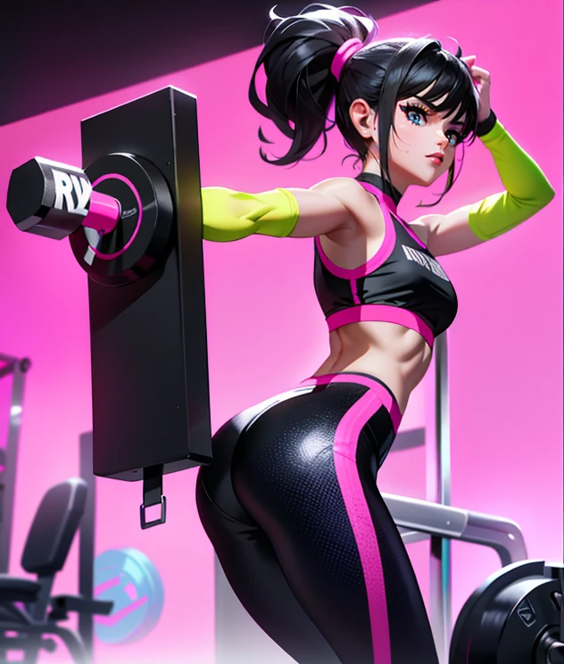 rear view, backside view,Selena Gomez  con un deportivo pink and black y leggings, Two-piece training clothes, neon pink, Live Energetically Varia, intense pink, Cottagecore!! fitness body, intense pink y negro, Cute sportswear, pink body harness, pink body, red neon, Fitted garment, pink and black, Neon pink and black color scheme, sportswear, neon,(background of a gym gym:1.4),(gym:1.4) (detailed hands),,More detailed 8K.unreal engine:1.4,UHD,La Best Quality:1.4, photorealistic:1.4, skin texture:1.4, Masterpiece:1.8,first work, Best Quality,object object], (detailed face features:1.3),Detailed eyes,((The correct proportions))Women&#39;s Gym Sets, honeycomb workout clothes for women, mesh biker sports shorts, Orange Fitness Lycra Yoga Suit