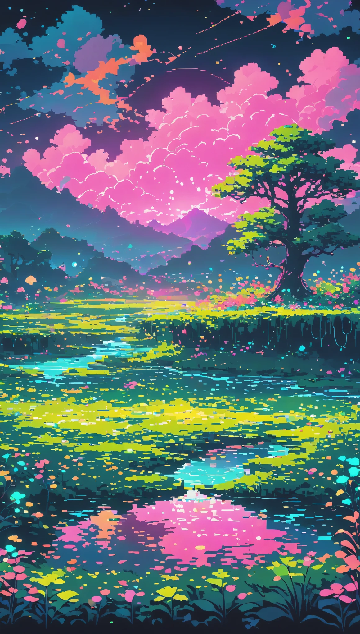 dark neon Magical Witch pixel ,nature ultrawide landscape, No people