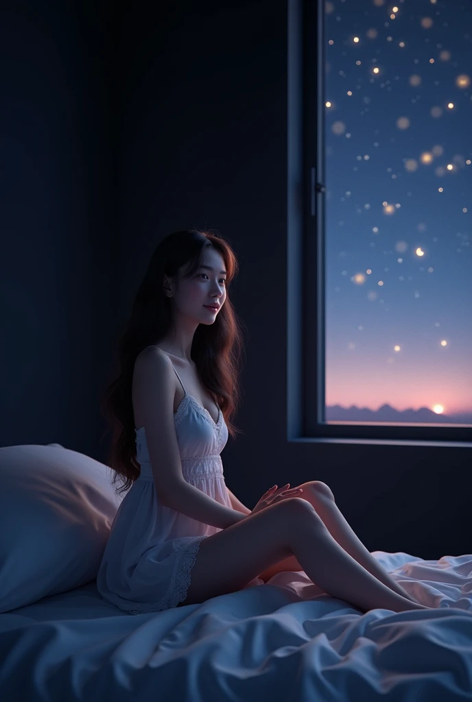 (photorealism:1.2), beautiful woman, siting on bed wearing night dress use fon with smily face background black colour bed room right side window starry sky and moon long hairs