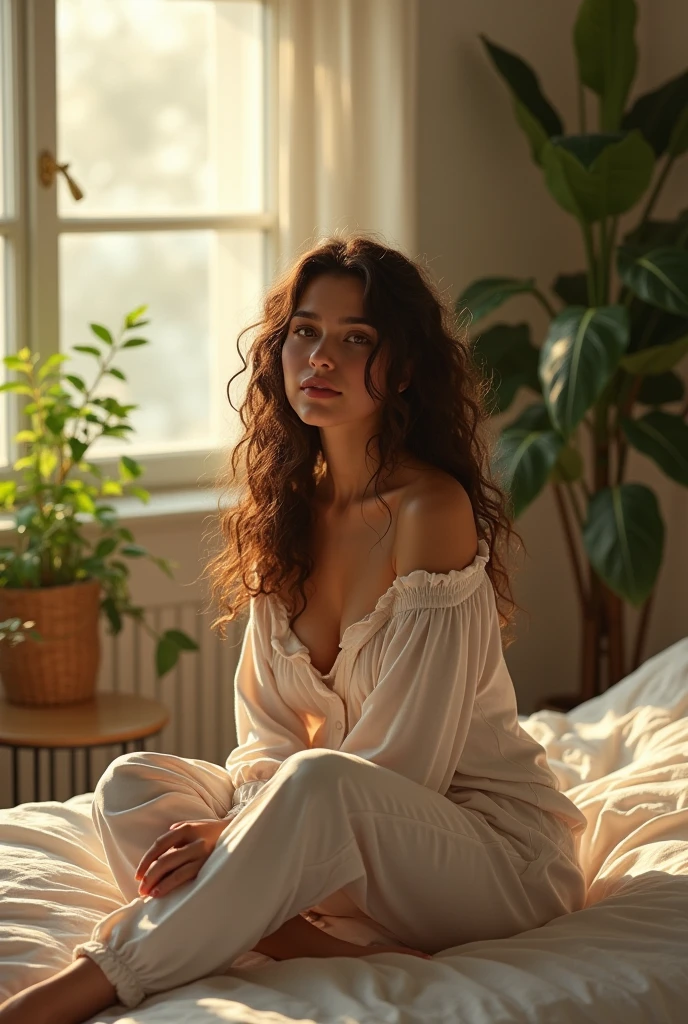 (photorealism:1.2), beautiful woman, sitting on bed, wearing loose off-shoulder top, pajama pants, long curly hair, indoors, soft lighting, plants in background, window with sunlight, cozy room, relaxed pose, realistic, intricate details, warm colors, by Greg Rutkowski, by Alphonse Mucha