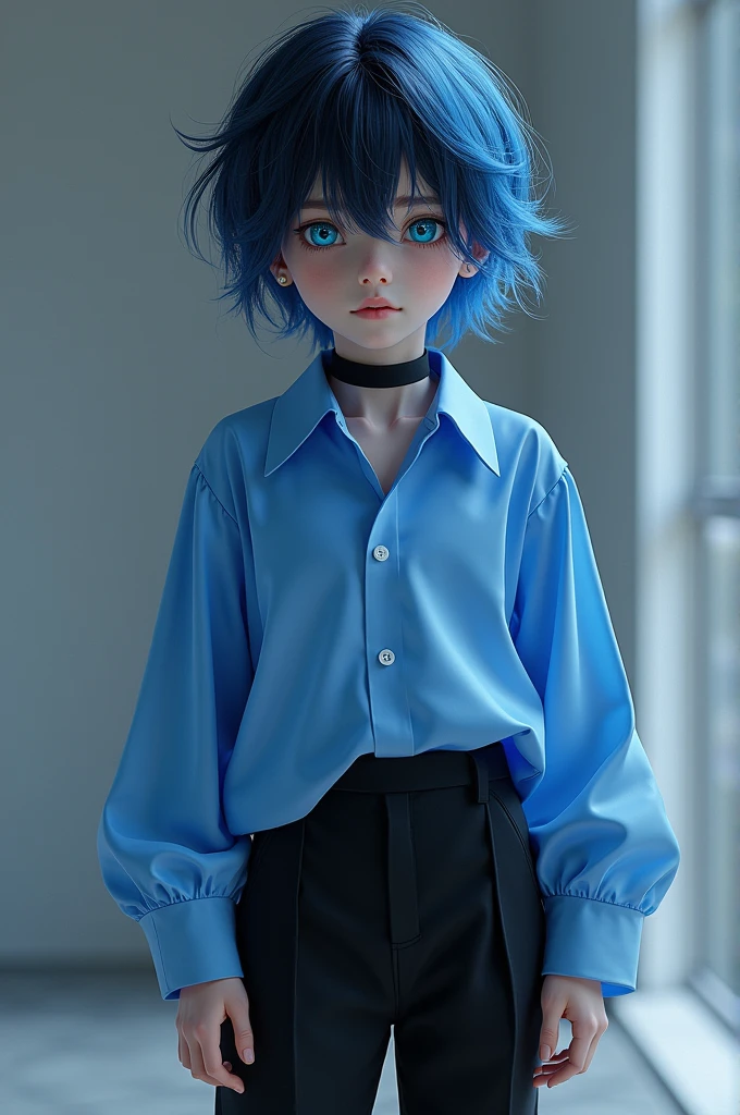 Create a boy with mixed blue and black hair,Blue Cold Blouse,black pants and socks