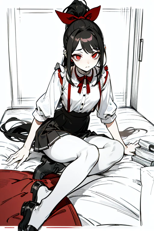 using pantimedies, wavy black hair, piercing look with deep red eyes, average stature, Silky hair with a ponytail hairstyle collected with a red bow with two white lines, with clothes, has a vagina, has breasts, cup of breasts, small breasts, slim, foreground, Session, sitting in her room, sitting on the floor of her room, wearing pantyhose, using pantimedies, Picardias, short skirt, shoes, blouse with straps 