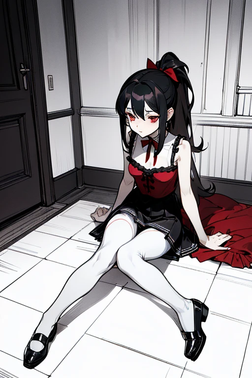 using pantimedies, wavy black hair, piercing look with deep red eyes, average stature, Silky hair with a ponytail hairstyle collected with a red bow with two white lines, with clothes, has a vagina, has breasts, cup of breasts, small breasts, slim, foreground, Session, sitting in her room, sitting on the floor of her room, wearing pantyhose, using pantimedies, Picardias, short skirt, shoes, blouse with straps