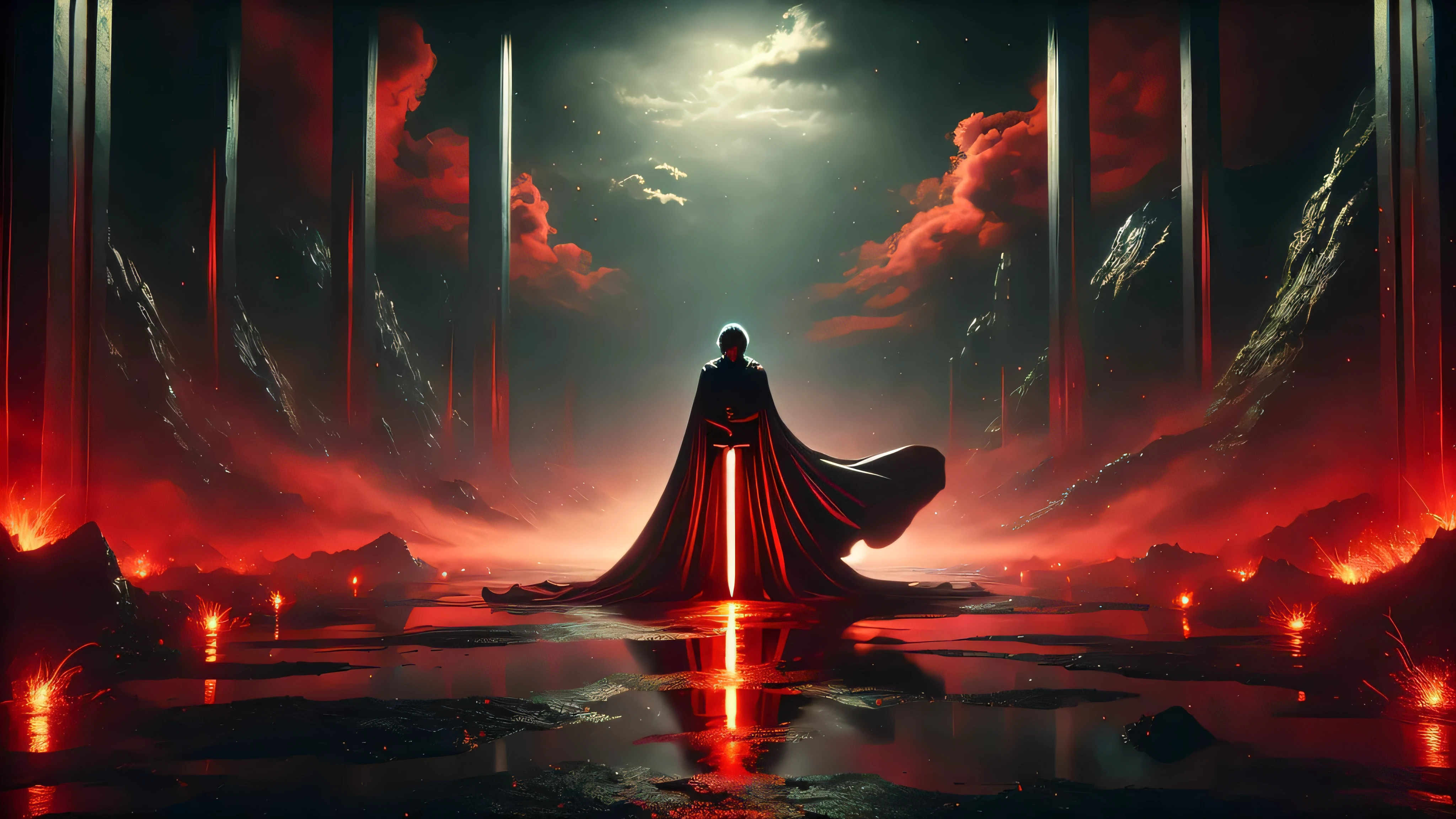 arafed image of a man in a cloak standing in a dark forest, sith lord. dramatic lighting, jedi fallen order teaser, dan mumford. 8 k octane render, lightsaber wallpaper 4 k, sith lord, by Christopher Balaskas, dan mumford. octane render, star wars digital art, concept art wallpaper 4k, 4k highly detailed digital art