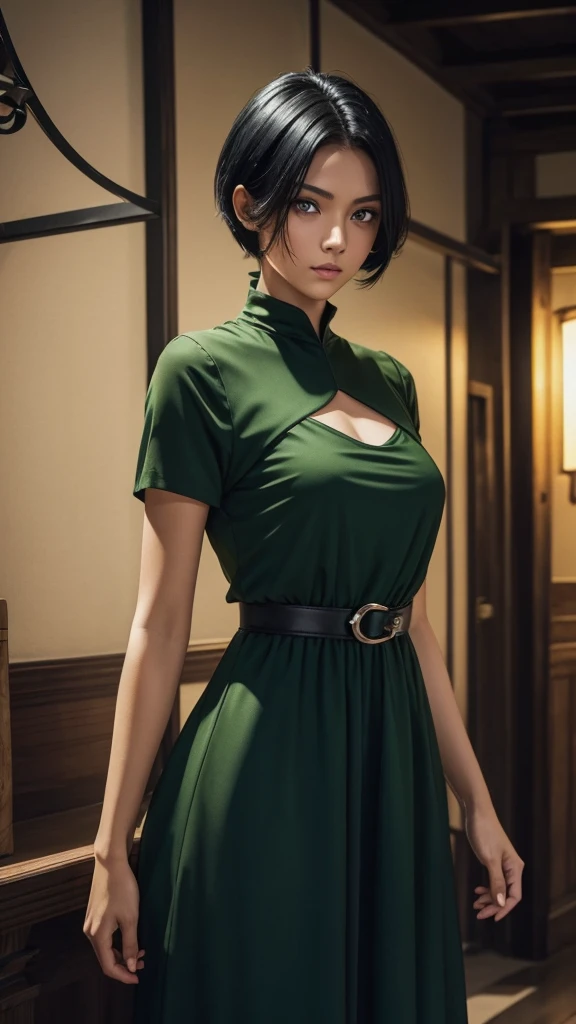 God man medieval fantasy yellow skin, short black hair, dark blue eyes, Wear a simple green dress/noir