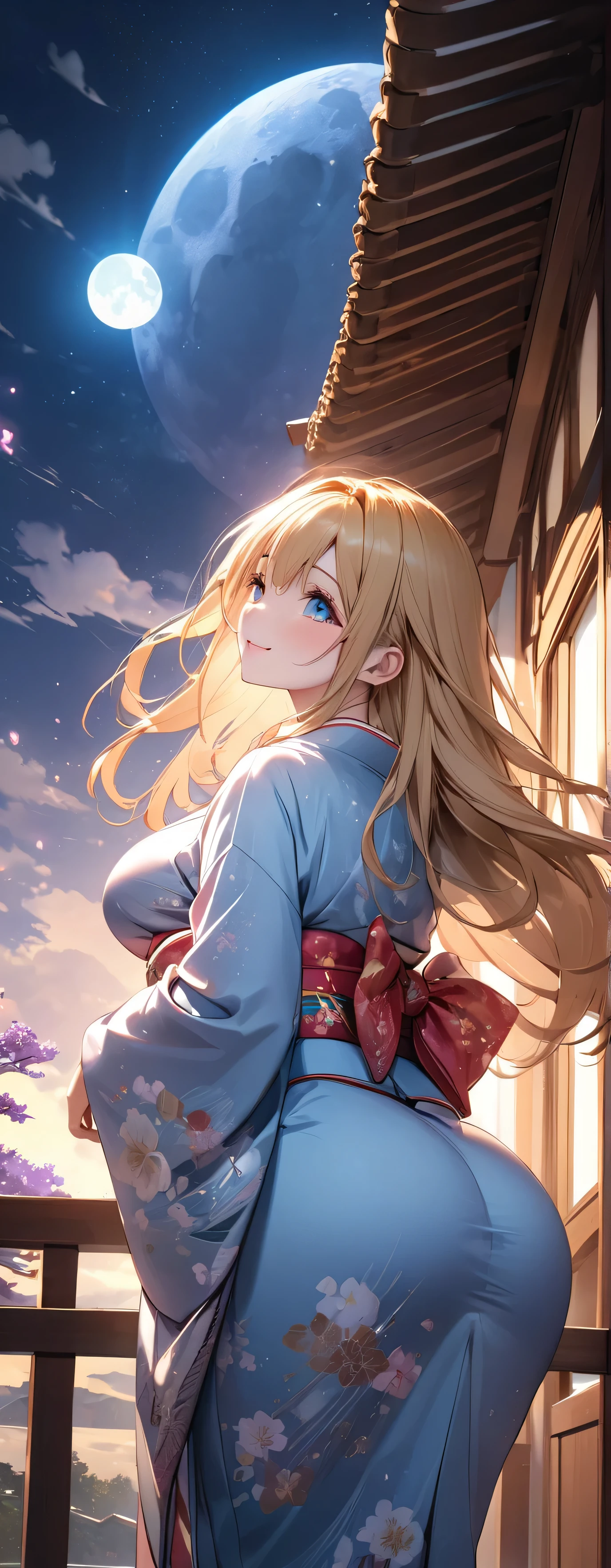 beautiful girl: 1.3),1girl,masterpiece, Highest quality, Ultra-high resolution,Rich contrast,super high quality,8k,Highly detailed CG unit wallpaper,texture,Unbelievably absurd,Ultra-high resolution,RAW Photos,Depth of Field 1.2,(Beautiful and detailed kimono),smile,Light blue eyes,Very fine eye,bigeyes,Droopy eyes,White skin,blonde,Long Hair,moon between the clouds,stardust,,mystic glow,phantom moon,(from behind:1.8), (Gazing-into-the-Distance:1.3),(Looking Up 1.3),Veranda,seiza,She is gazing at the moon,voluptuous