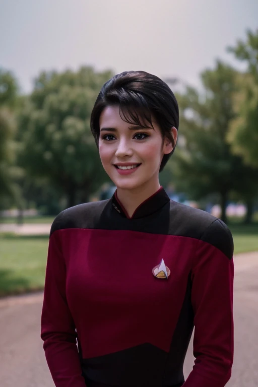 Pretty young woman with short black hair. Smiling. Red TNG uniform. (8K, RAW, Professional, best quality, Masterpiece:1.2), (Realistic, photoRealistic:1.37)