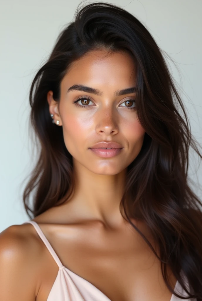 Realistic portrait of a beautiful 1 girl with Latin features, Lightly tanned white skin with a beautiful tan tone, Brown eyes, long dark hair. delicate facial features, fine lips, splattered nose, beautiful girl model body. regular well formed tits, detailed facial features. ultra realism, maximum resolution, masterpiece. extremely detailed skin, professional photography. white background in professional studio, Professional lighting that highlights the details, pores and skin textures.