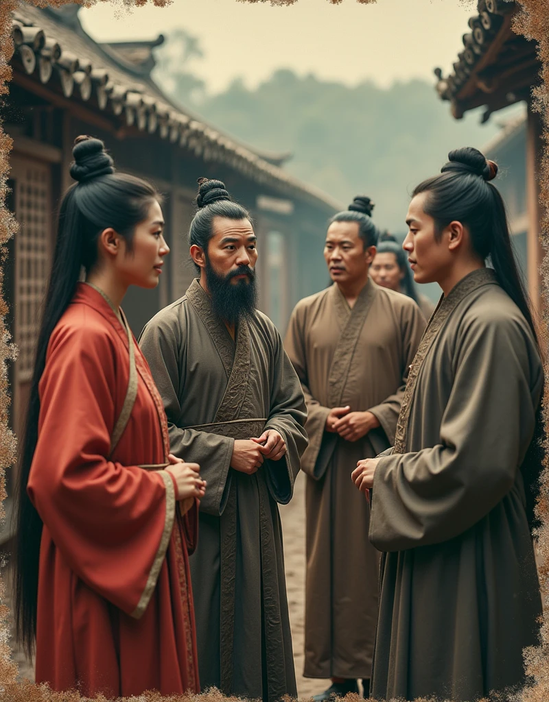 Archive photographique usée. Scène de vie. Valeur historique. Villageois Chinois en train de discuter en tenue Mandchou portant une longue natte aux cheveux. Aristocrate mandchoue. Couleurs de l'époque. Année 1920. Photo pellicule.