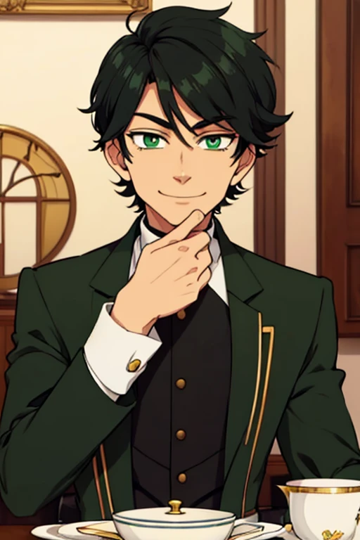 Perfect face. Perfect hands. A handsome black haired man with green eyes and short hair in a butler's uniform is smiling while serving tea in a fancy butler cafe