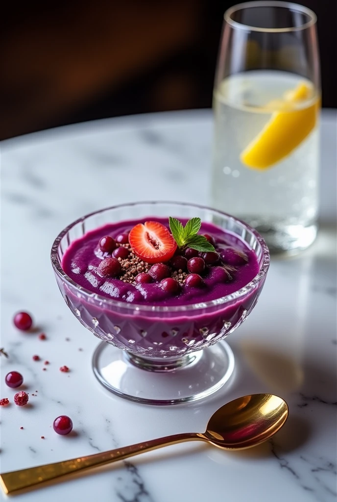 "A luxurious and sophisticated presentation of açaí in a crystal bowl. The bowl is placed on a marble counter, with a golden spoon and a glass of sparkling water with a slice of lemon nearby. The setting is elegant and sophisticated, with a background that suggests a sophisticated gastronomic environment."