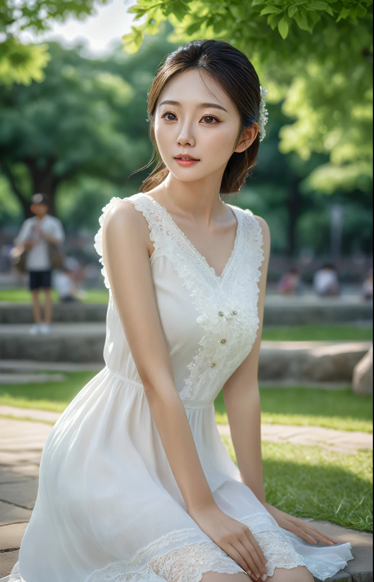 a beautiful korean girl in a white summer dress, sitting in a park, professional lighting, photon mapping, radiosity, extremely detailed, best quality, 8k, raw photography, masterpiece, realistic, photorealistic, vivid colors, natural lighting, detailed facial features, long eyelashes, delicate skin, elegant posture
