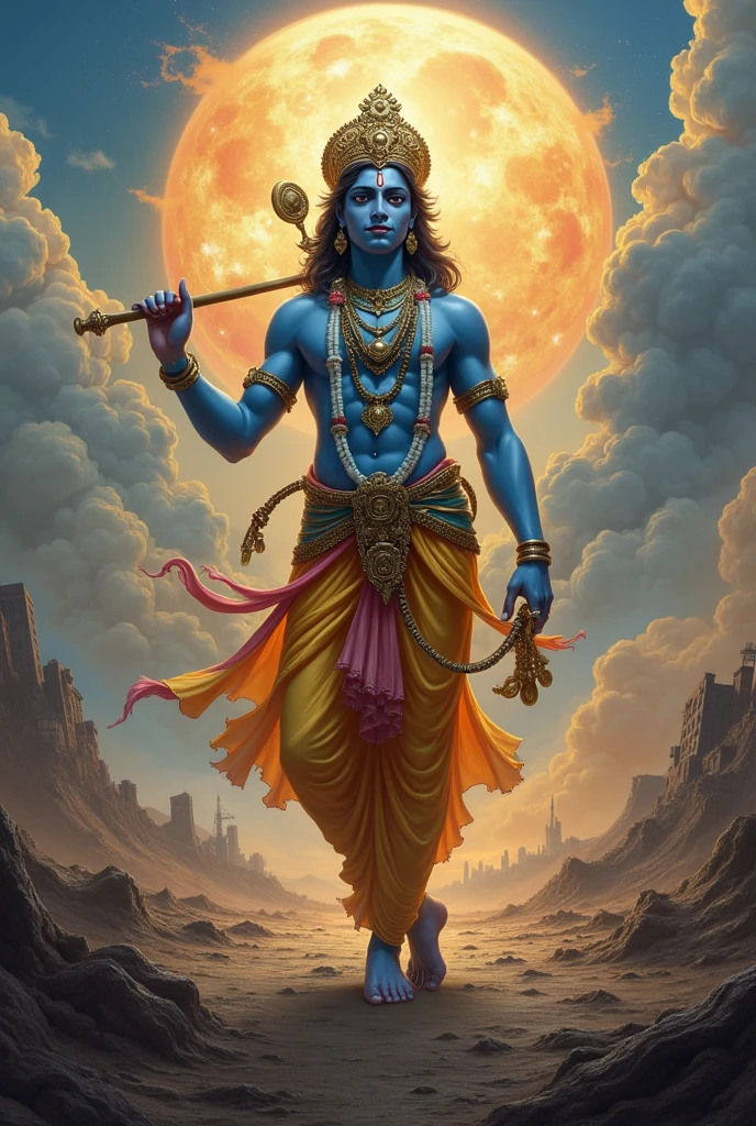 Lord krishna emerging out of world war, hunger, nuclear explosion and future