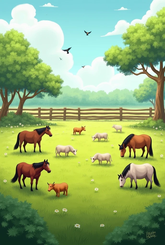 Create a field with green grass and horses,cow, sheep and in the background a large fence with trees and birds.