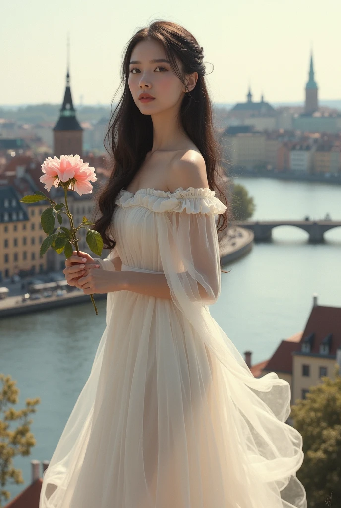 A woman in a long white dress, A rose in her hand, in Stolcomo.