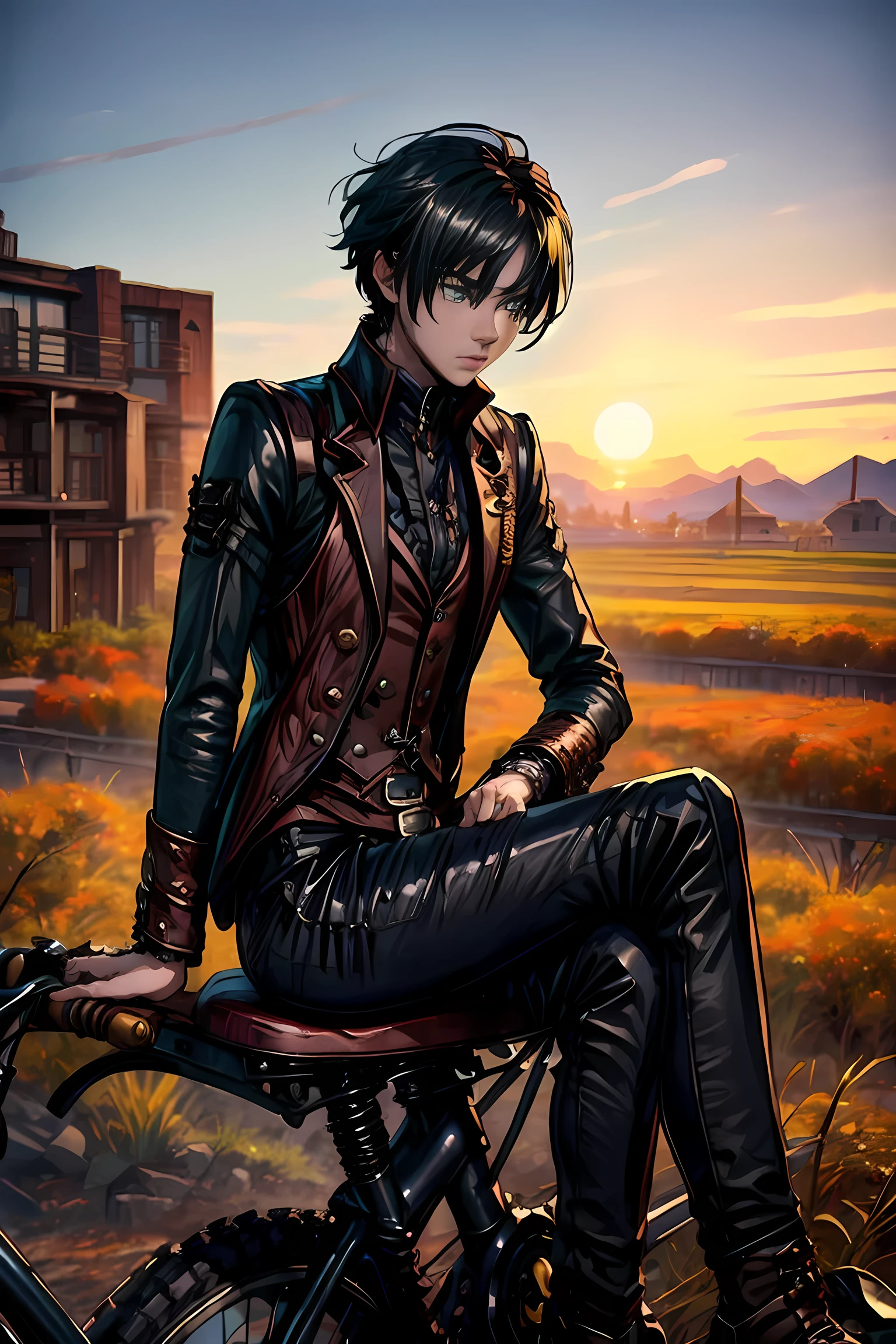 masterpiece, best quality, detailed, (1boy), handsome, toned physique, black hair, short hair, black attire, steampunk, gothic, green eyes, mechanical vehicle, meadows, sundown, beautiful scenery, peaceful, sitting on a steampunk bike, smoking, 3D Western Anime Style,