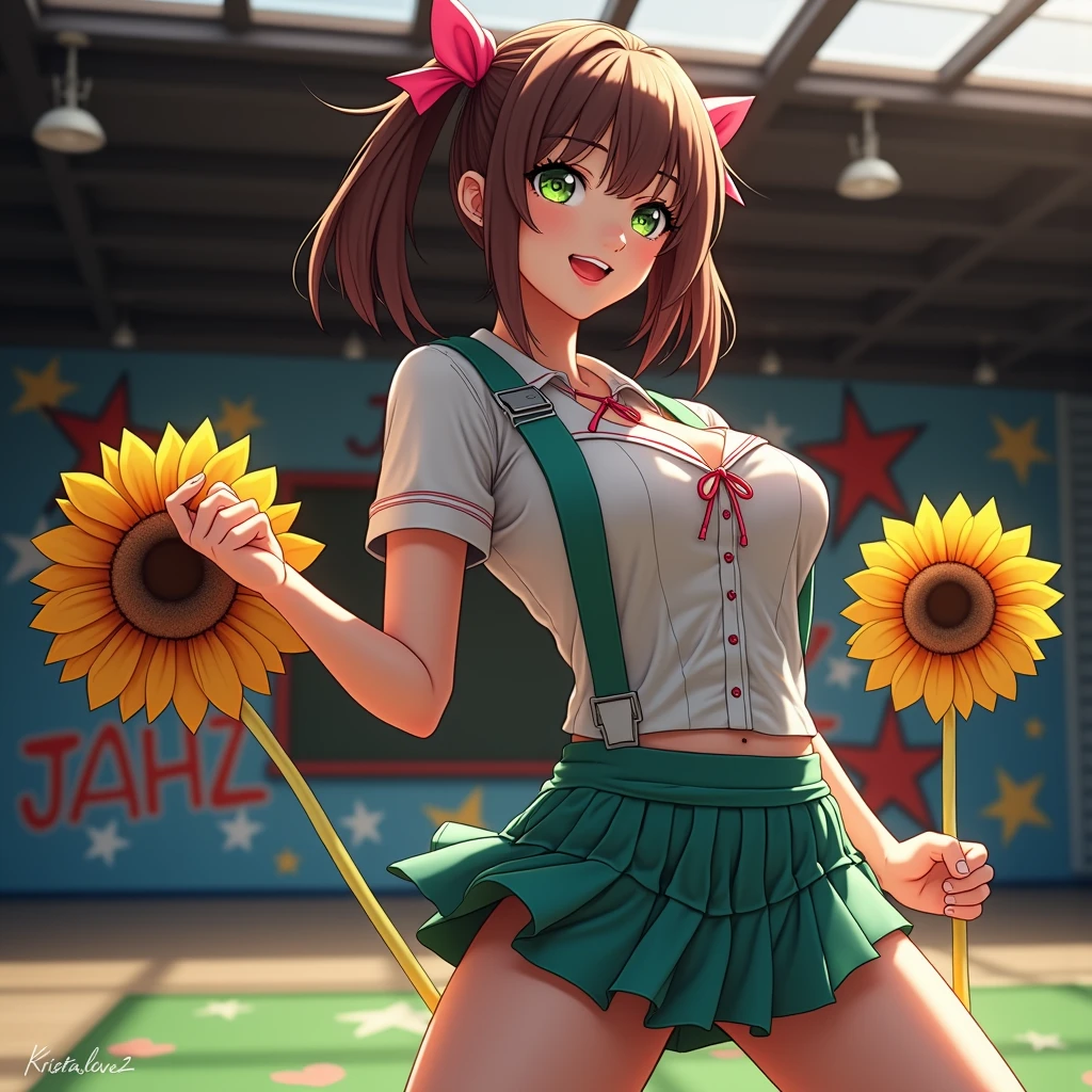 A schoolgirl stands confidently in a classroom , A sensual close-up of a stunning beauty, with her fascinating green eyes shining with mischief. Luscious lips curve into a provocative smile, attractive and playful. The lighting is warm and intimate, highlighting the subtle curves of her open legs that reveal her moist, pink crotch,. Pose with confidence, but in a seductive way, His direct and daring gaze, as if challenging the viewer to notice .with her immaculate red and blue checkered uniform with striking red piping and her pigtails with a prominent pink bow on her head. The walls of the living room are painted a soft blue, with vibrant graffiti scattered everywhere, with abstract 3D Graffiti murals with the word "JAHZ". A delicate 3D Graffiti style pattern, A plunging neckline adorns the schoolgirl's sheer white blouse , adding a touch of sensuality to your sexy outfit. Kristaslove2's brushstrokes bring the scene to life, masterpiece, 8k, hiper realist, realist,