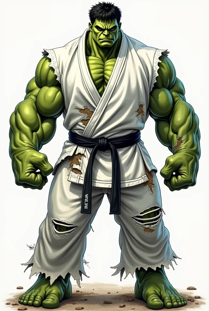 (HULK WITH THE GREEN BODY) (WITH A COMPLETE WHITE JIU JITSU KIMONO) (kimono sleeves, part of the arms long with tears) (long pants with rips)  (BLACK BELT WITH RED TIP on the left side) ( brawny) (fully body) (AVENGERS drawing STYLE) 