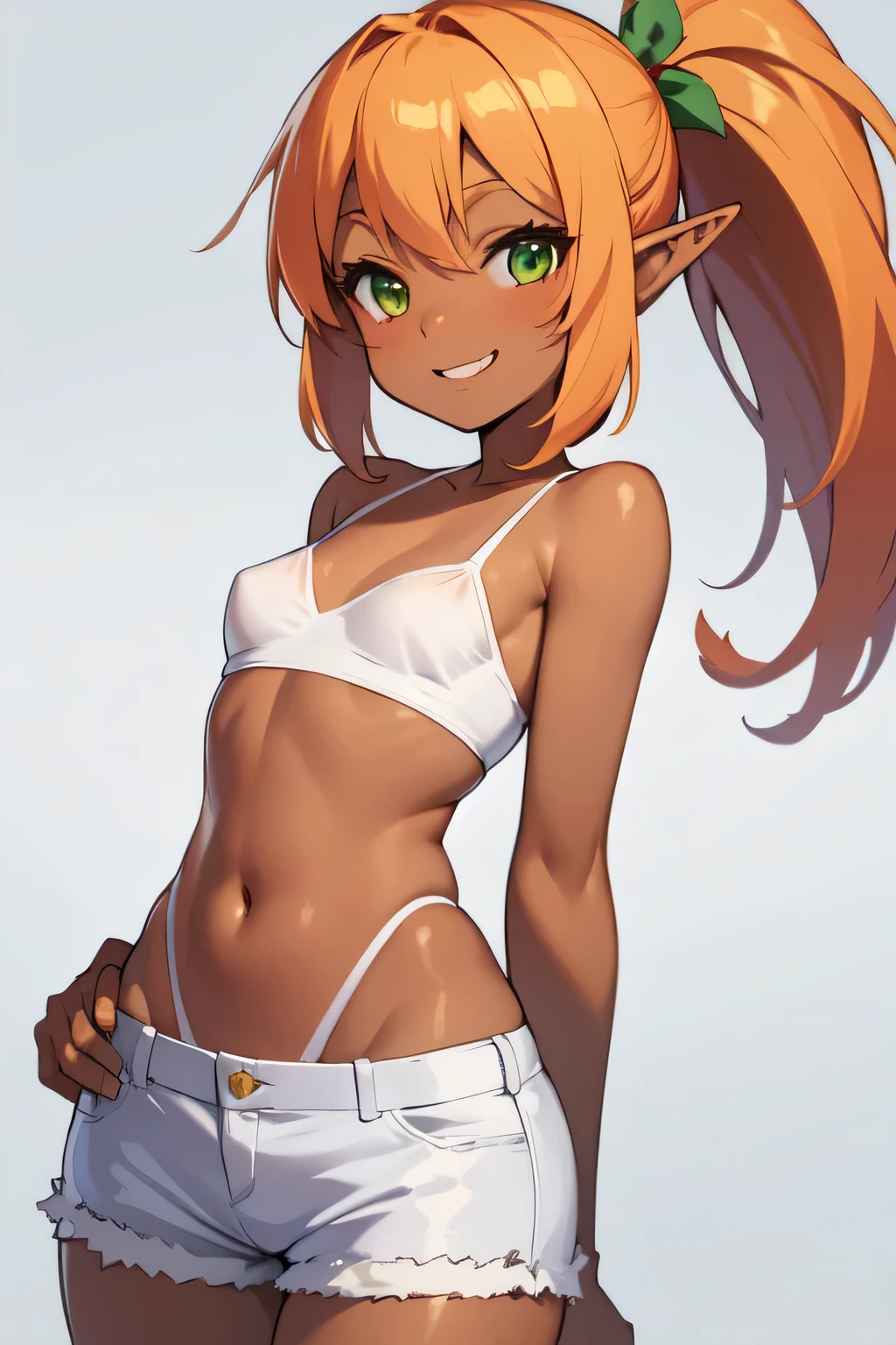 (High definition) (masterpiece), (tanned skin), Young elf girl, wide hips, small breasts, slender body, big thighs, beautiful legs, medium orange hair, green eyes, wearing white bikini top, black jeans shorts, with ponytail, relaxed pose, smiling