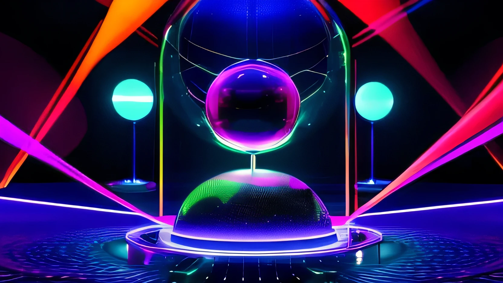 Cyber Environment: A stage surrounded by a translucent glass sphere, where digital data and code patterns continually flow across the surface. LED lights embedded in the glass flash in sync with the music, creating a hypnotic effect of abstract colors and shapes.