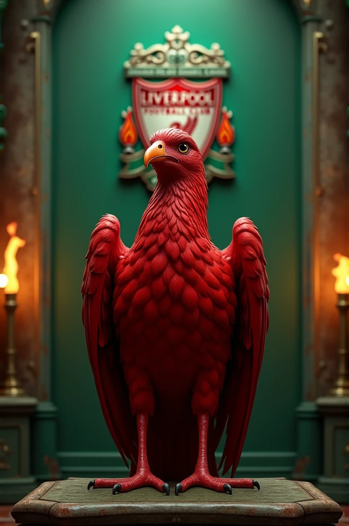 There is a red liverbird (bird that is in liverpool football club's logo) in forest-green room. And there is a torch on both sides of the bird. And there is liverpool footbalm club's logo on the wall.