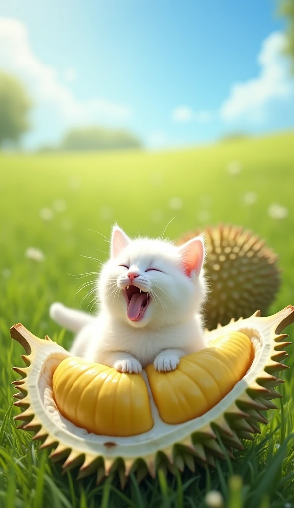 A white kitten with soft fur is sitting inside a large durian that has been cut open at the top. The kitten is yawning widely, revealing its tiny teeth and pink tongue. Its eyes are slightly closed as if enjoying the fresh air. The durian it is sitting in looks fresh, with yellow flesh and white seeds clearly visible around it. The background shows a natural landscape with a wide expanse of green grass and a bright blue sky with a few soft white clouds, creating a pleasant summer atmosphere."