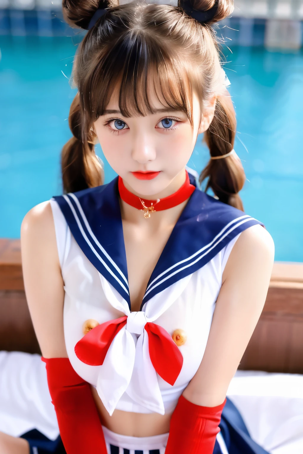masterpiece, Highest quality, Sailor Moon,One girl, Long Hair,jewelry, Sailor Warrior Uniform, Blue sailor collar,Blonde, Red choker,White gloves, Twin tails, Red Bow, Blue Skirt, blue eyes, Hair Bun,,show nipples, show vagina, squirt vagina, wet body.