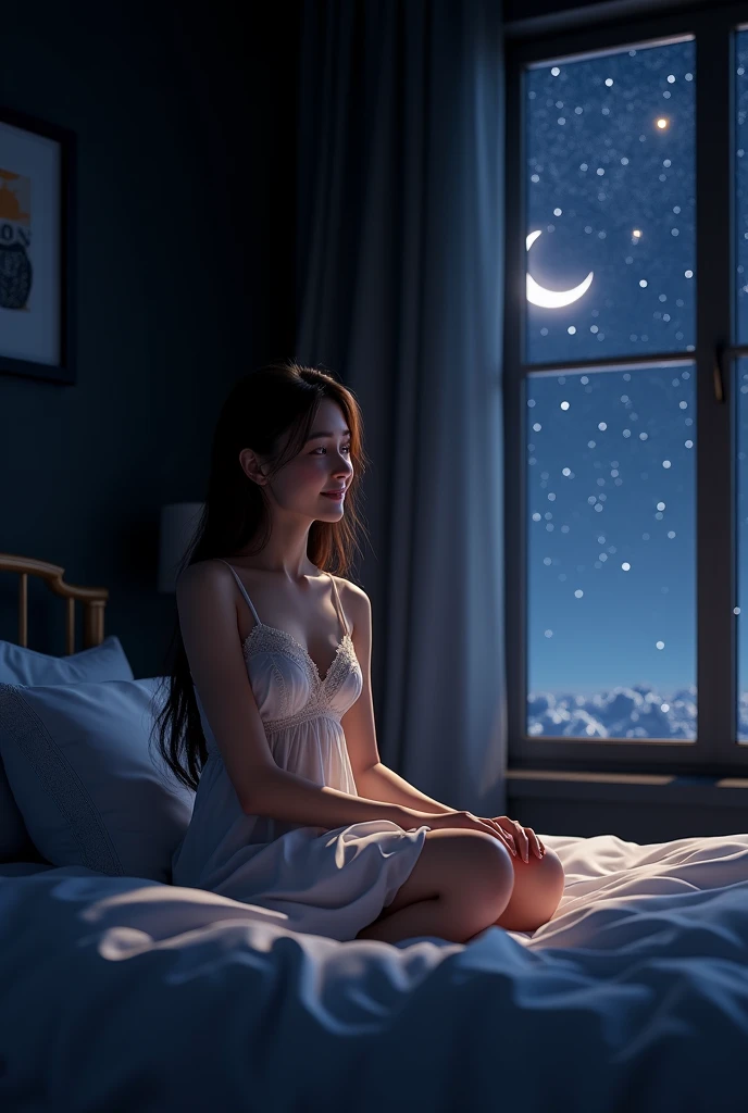(photorealism:1.2), beautiful woman, siting on bed wearing night dress use fon with smily face background black colour bed room right side window starry sky and moon long hairs