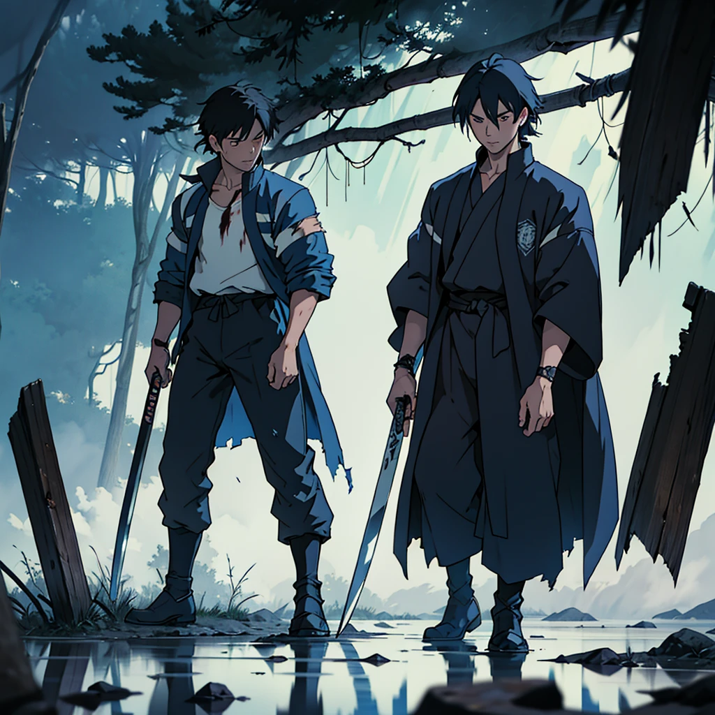 Genera la siguiente ilustración
"With animation by Mappa, Yuta Okkotsu stands tall, having just returned from the brink of death after his harrowing battle with Sukuna. His white jujutsu high school uniform, now torn and frayed, clings to his form, stained with dirt, blood, and remnants of cursed energy. The jacket, which once symbolized the disciplined life of a sorcerer, hangs open, revealing the black t-shirt beneath, equally marred by the battle. His uniform pants, once crisp and clean, are now scuffed and ripped at the knees, testament to the fierce struggle he’s endured. The white fabric of his uniform, usually pristine, is now smeared with dark streaks of dried blood and cursed remnants, giving Yuta a rugged, battle-worn appearance. Around his neck, the black cord that holds his katana sheath hangs loose, the sheath itself resting against his hip, slightly angled, ready for a quick draw.
Yuta’s katana is an extension of his will, the blade reflecting the dim, ominous light of the cursed battlefield. The weapon is traditional in design, with a sleek, slightly curved blade that glimmers with a faint blue hue, hinting at the cursed energy that flows through it. The handle, wrapped in black and white cloth, fits perfectly in Yuta’s hand, worn from countless battles but still solid and reliable. The guard is a simple, round design, etched with faint symbols that pulse with residual energy, a silent testament to the blade’s lethal precision. As Yuta grips the handle, the katana seems to hum with anticipation, eager to be unleashed once more.
Beside him hovers the spectral form of Rika Orimoto, a ghostly apparition that exudes both beauty and terror. Rika’s appearance is a twisted reflection of the young girl she once was; her long, flowing hair, once neat and tied back, now billows around her like a dark, ethereal veil, moving as if caught in an unseen wind. Her dress, a tattered remnant of her previous life, is a long, white
