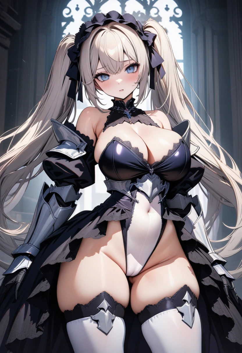 ((solo)),1girl,Fantasy art,Azur Lane,((Paladin Armor Leotard:1.2)),((Gothic ta Princess Dress:1.3)),(Paladin Armored Dress:1.3),(skin-tight high leg groin area),(Skin-tight white leotard),Off-the-shoulder,platinum blonde long Twin tails hair,huge breasts,cleavage,Perfect and beautiful blue eyes,curvy,Thigh-high sock,perfect face,(cameltoe:0.8),((UHD)),((masterpiece)),8k,cowboy shot,anatomically correct,accurate,high quality,extremely detailed,